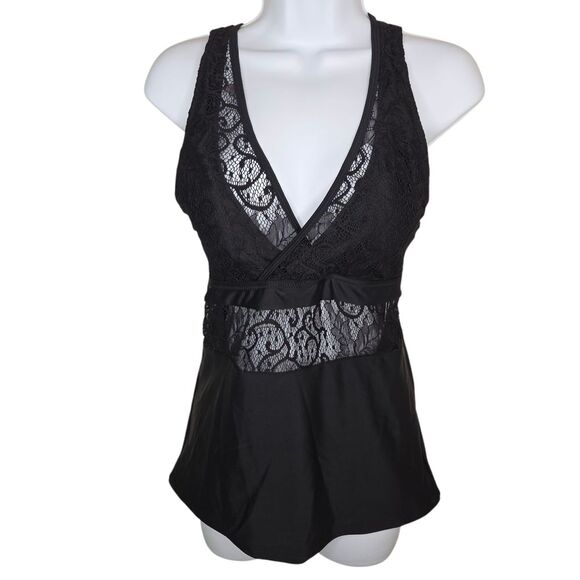 Beachsissi Nwt Black Lace Insert Tankini Bikini Top Size Large - Picture 1 of 6